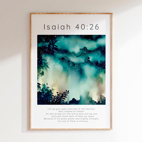 Isaiah 40:26 - Christianity wall art featuring a deep night sky scene with stars and dark silhouetted leaves.