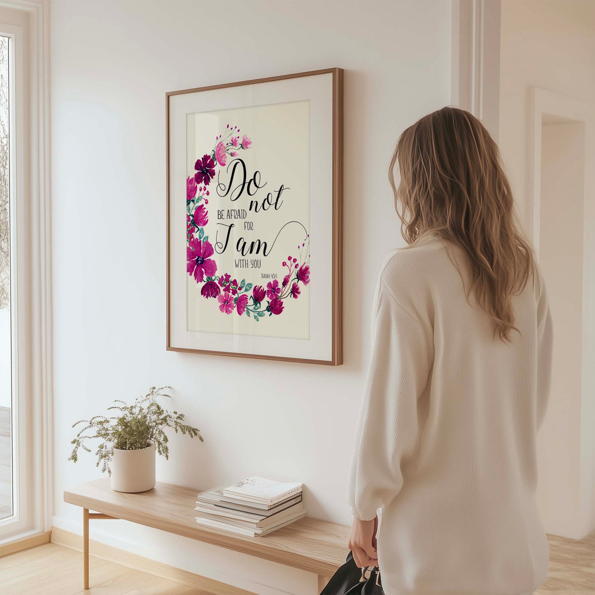 Isaiah 43:5 – Do not be afraid Christian wall art with burgundy floral design and comforting scripture.