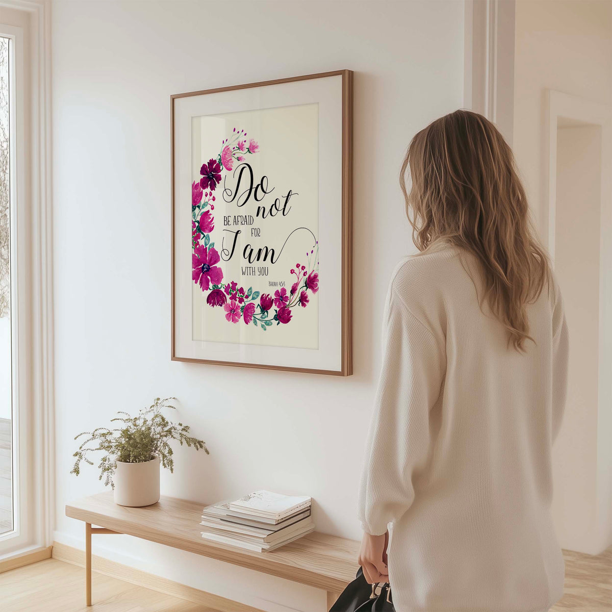 Isaiah 43:5 – Do not be afraid Christian wall art with burgundy floral design and comforting scripture.