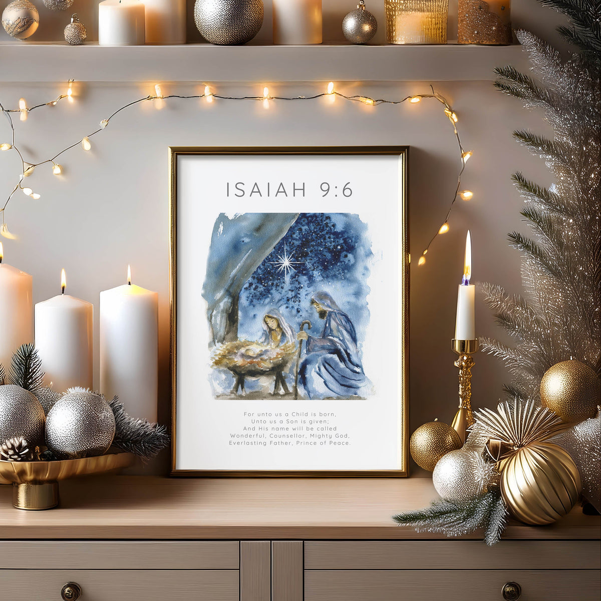 Watercolor nativity scene with Isaiah 9:6 Bible verse for Christmas decor.
