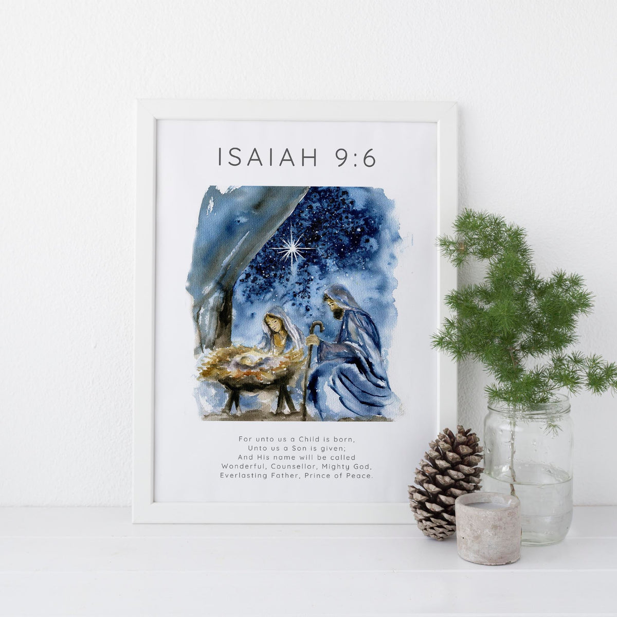 Christian holiday print featuring nativity and Isaiah 9:6 scripture.