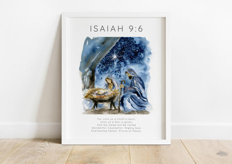 Christmas nativity art print with scripture, featuring birth of Jesus.