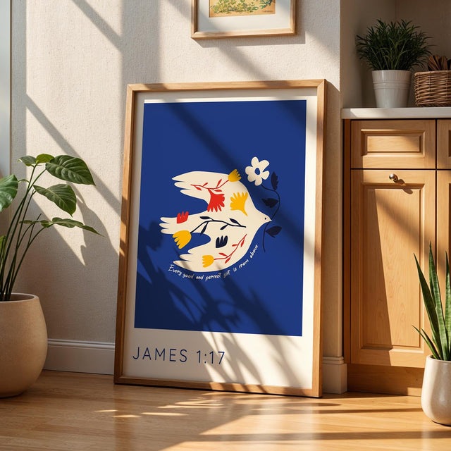 Elegant bird-themed wall art with the quote "Every good and perfect gift comes from above" on a blue backdrop.