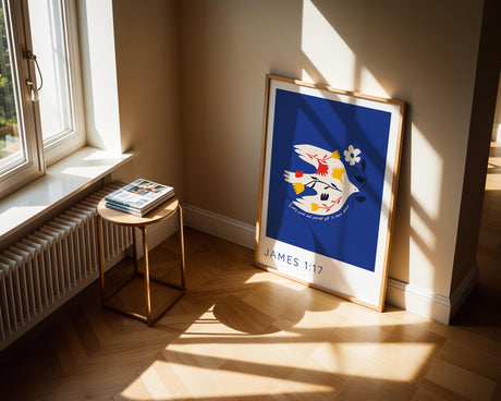 Blue background scripture print with a bird carrying blooms and a message of gratitude from James 1:17.