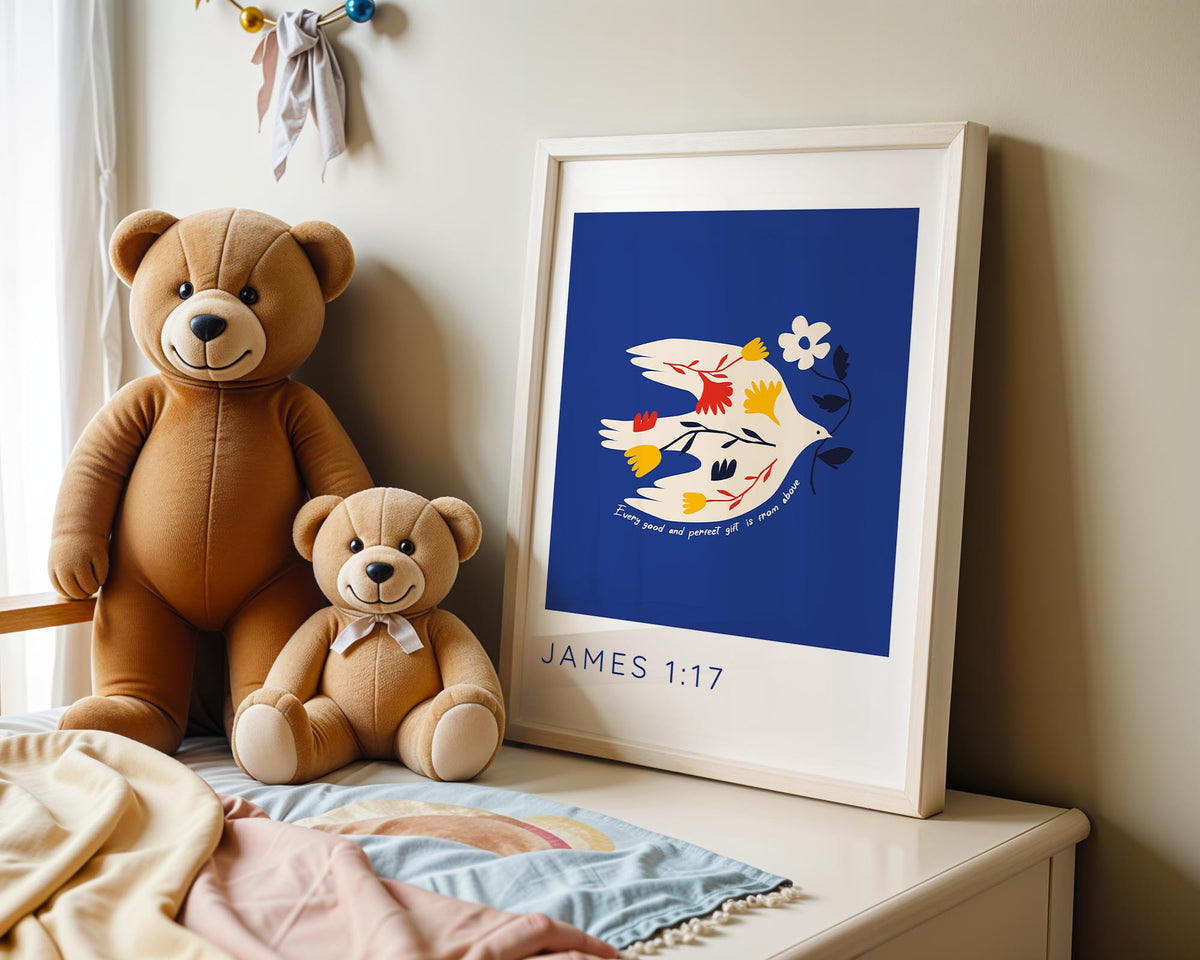 Christian gift print with a bird holding flowers and the comforting Bible verse from James 1:17.