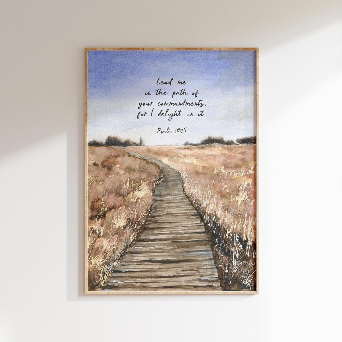 Psalm 119:35 - Lead me in the path Bible verse print featuring peaceful countryside path watercolour, Christian wall art for home decor.
