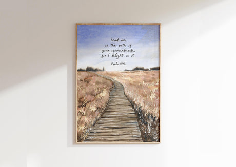 Psalm 119:35 - Lead me in the path Bible verse print featuring peaceful countryside path watercolour, Christian wall art for home decor.