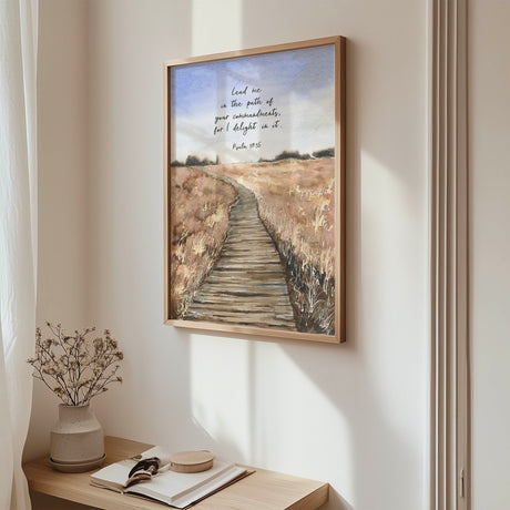 Psalm 119:35 - Christian wall art print with lead me in the path scripture, serene watercolour landscape for faith filled spaces.