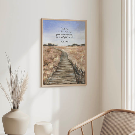 Psalm 119:35 - Lead me in the path Christian wall art with watercolour winding path through fields and trees, Bible verse faith decor.