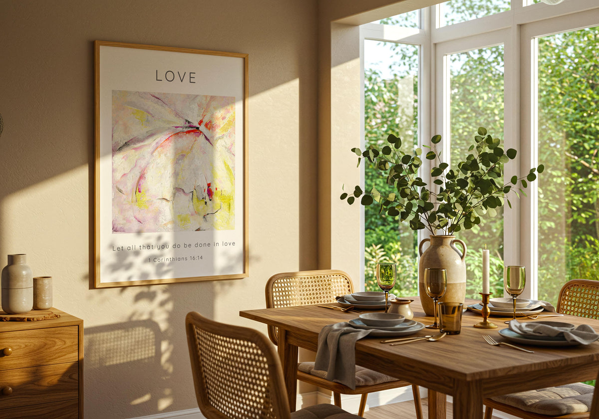 1 Corinthians 16:14 – faith home decor print with modern abstract artwork.