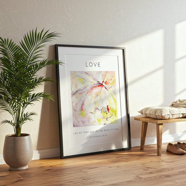 1 Corinthians 16:14 – scripture wall art featuring gentle pastel brushstrokes.