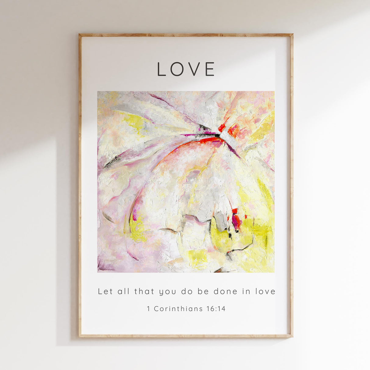 1 Corinthians 16:14 – inspirational Bible verse print with abstract colours.