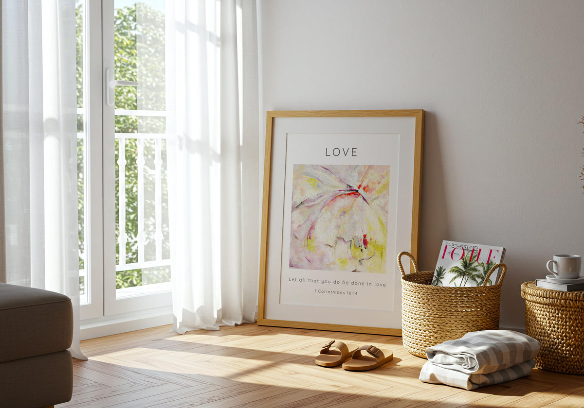 1 Corinthians 16:14 – abstract love scripture print with soft pastel textures.