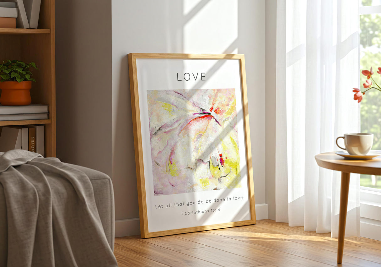1 Corinthians 16:14 – Christian wall art with pink and yellow abstract design.