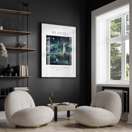 Lighthouse and Boat Theme Nursery Wall Print, Psalm 96:11 Inspirational Artwork for Nurseries, Bible Print for Bathroom