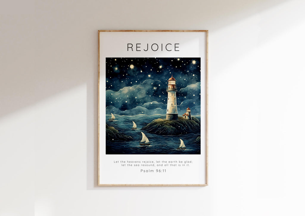 Let The Heavens Rejoice Christian Wall Art Print, Psalm 96:11 Poster, Serene Psalm 96:11 Boats and Lighthouse Print