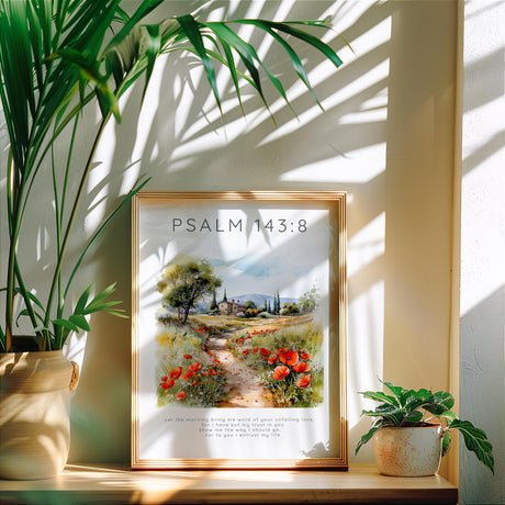 Psalm 143:8 – Christian wall art with peaceful countryside landscape and Bible verse about God’s unfailing love and trust.