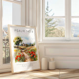 Psalm 143:8 – Bible verse wall art featuring meadow, trees and farmhouse with scripture about guidance and faith.