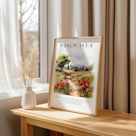 Psalm 143:8 – Christian landscape wall art print with countryside scene and comforting scripture about trusting God.