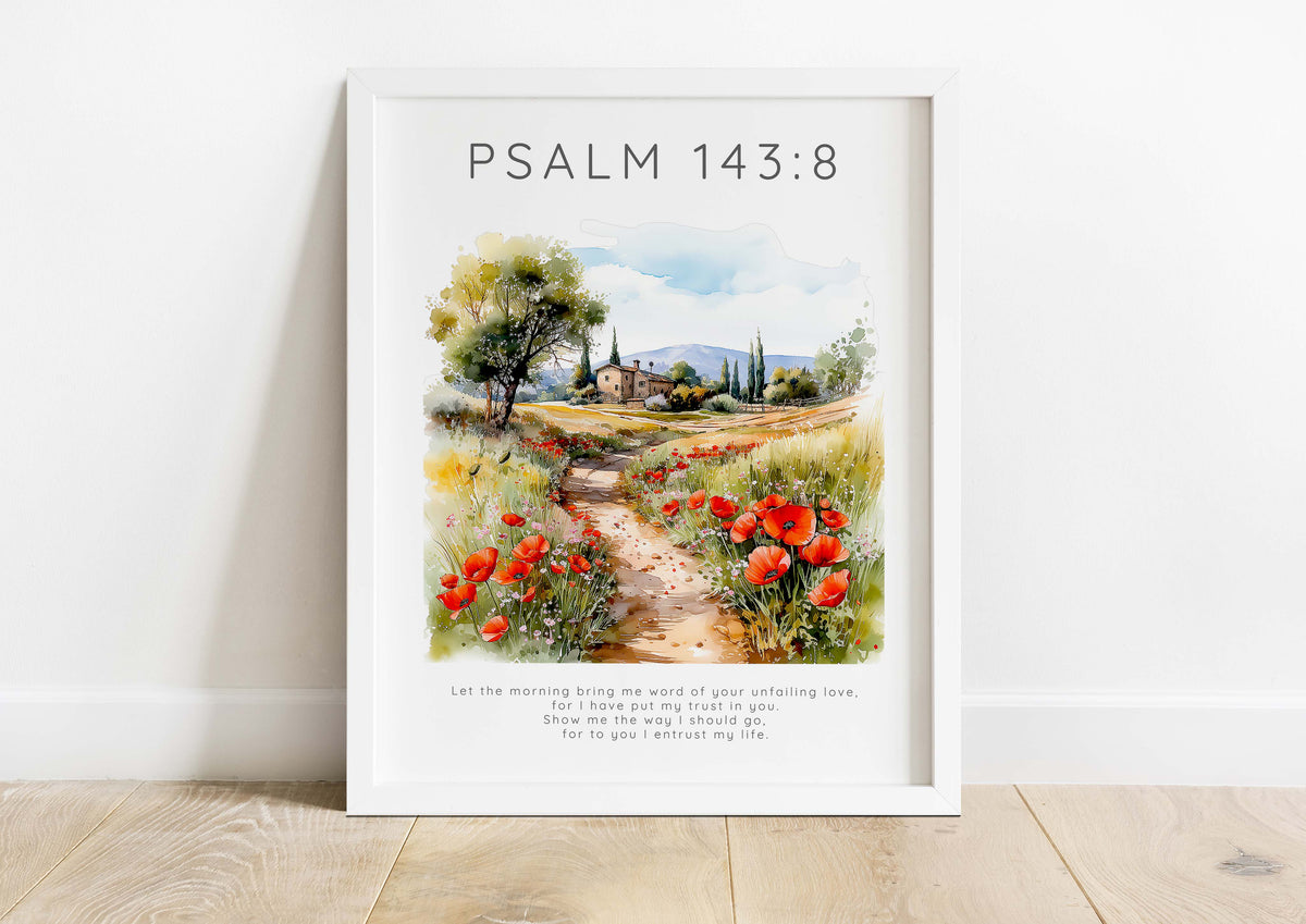 Inspirational Christian wall art with Psalm 143:8 and nature scene, Faith and nature-themed Bible verse print