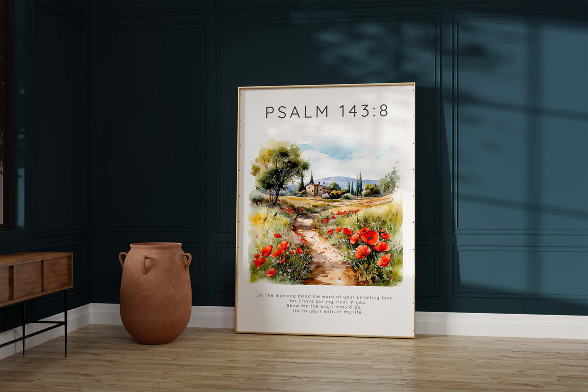 Christian gift idea landscape print with Psalm 143:8 verse, Psalm 143:8 digital download Bible verse print 