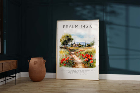 Christian gift idea landscape print with Psalm 143:8 verse, Psalm 143:8 digital download Bible verse print 
