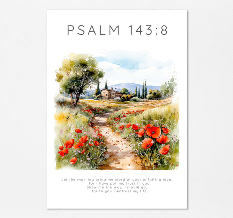 Psalm 143:8 digital download Bible verse print with countryside landscape, Large Bible verse print with nature scene