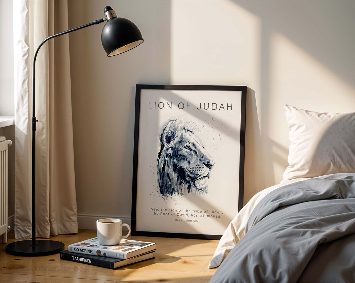 Revelation 5:5 – Lion of Judah Christian wall art with black and white watercolour lion and powerful scripture.