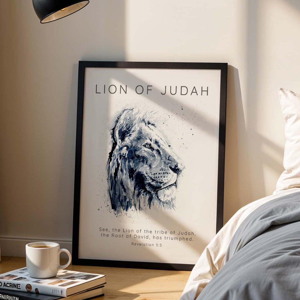 Revelation 5:5 – Lion of Judah Christian wall art with black and white watercolour lion and powerful scripture.