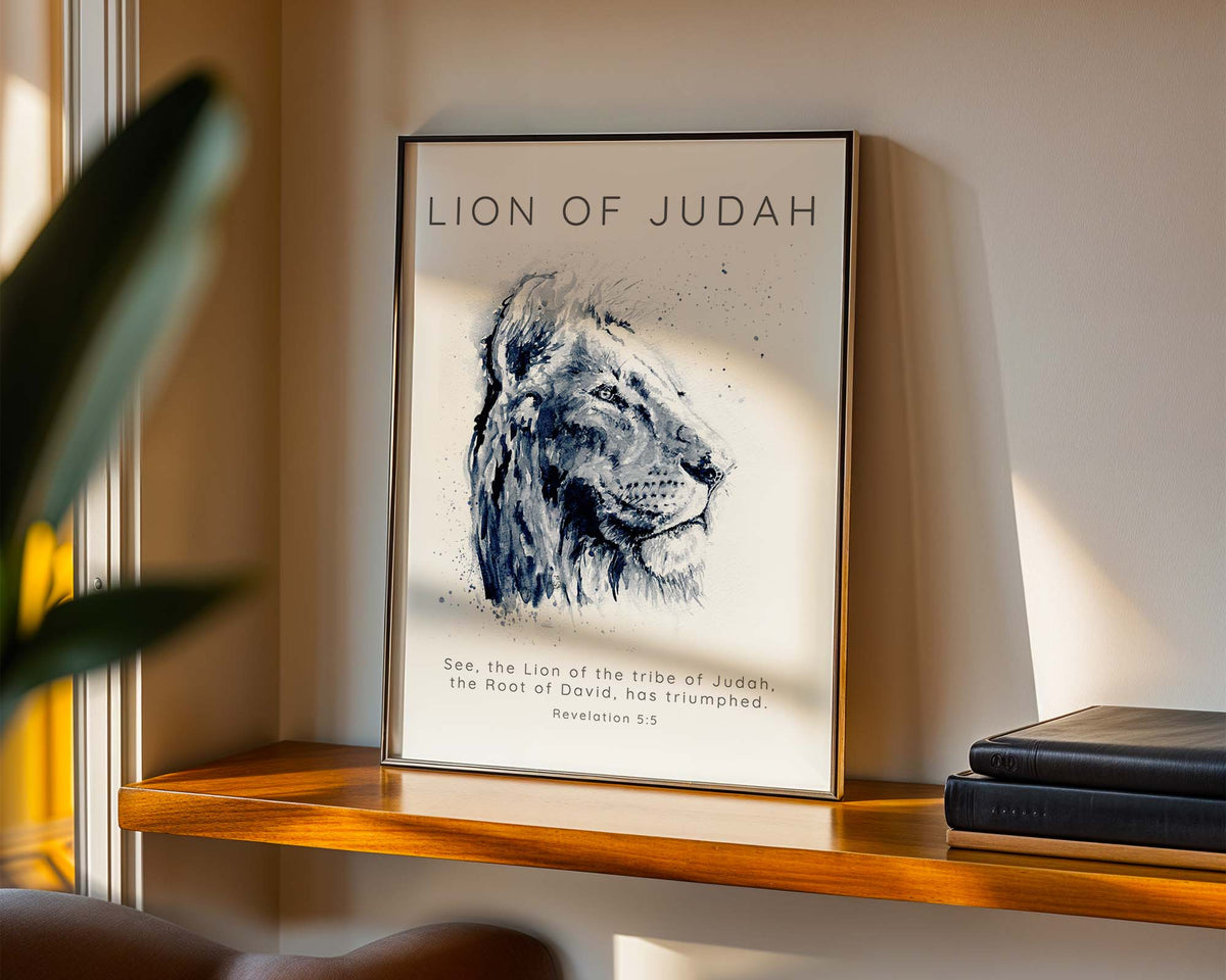Revelation 5:5 – Bible verse wall art featuring majestic lion illustration and scripture about Christ’s triumph.