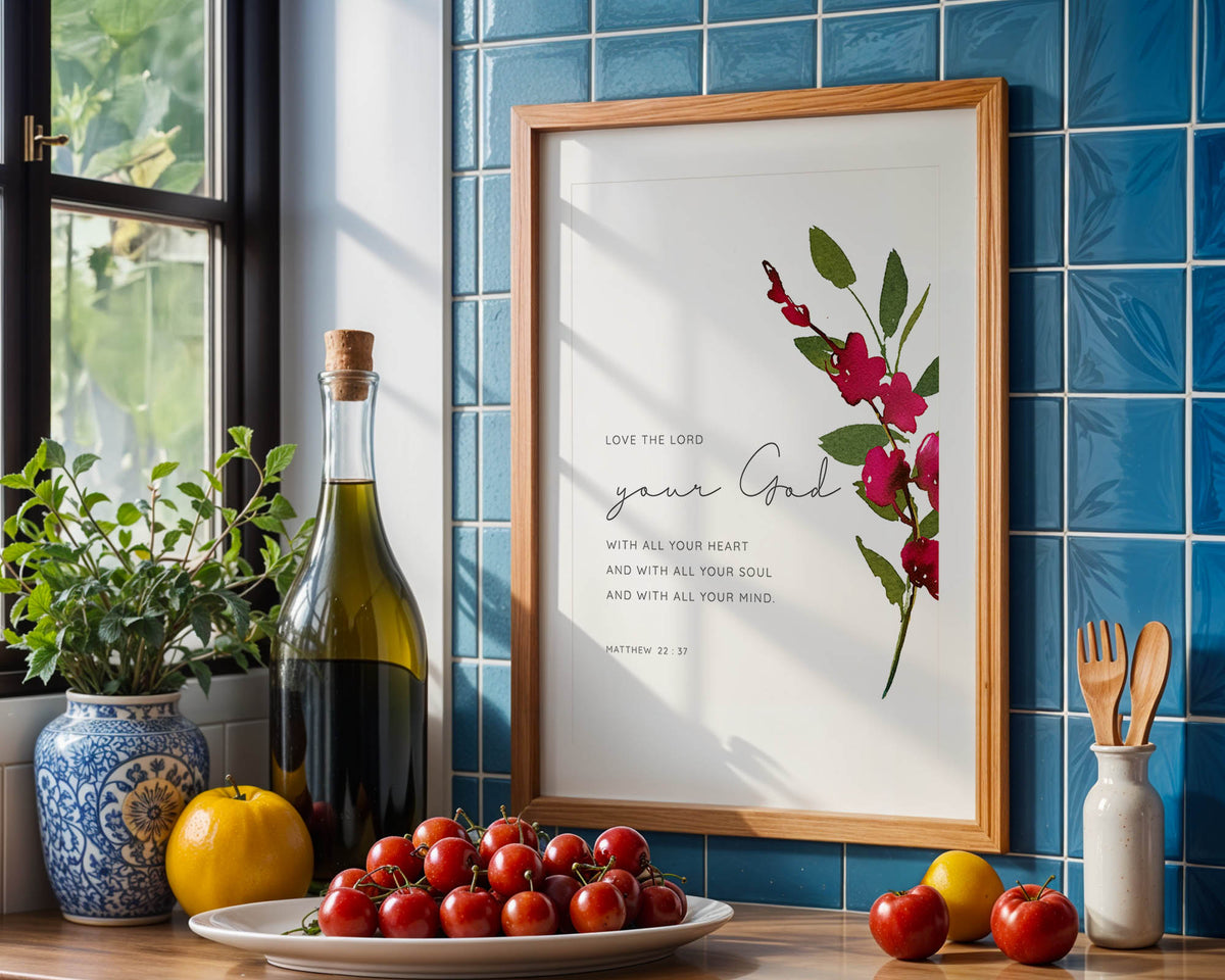 Matthew 22:37 - Love the Lord your God Christian Bible verse wall art with bold red floral watercolour, inspirational decor.