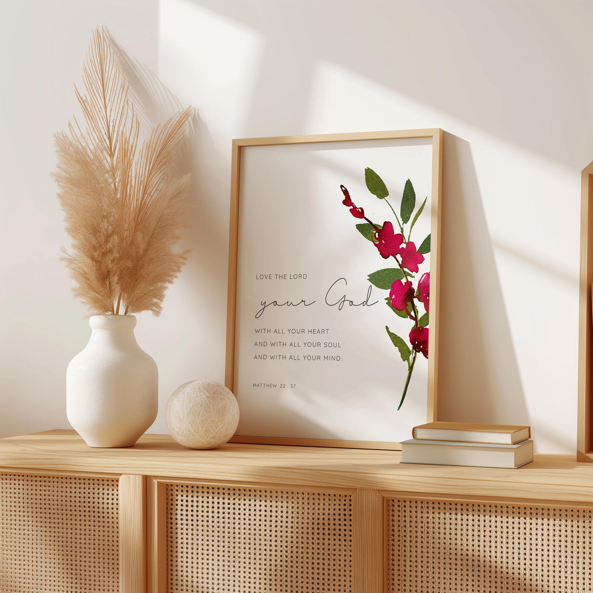 Matthew 22:37 - Love the Lord your God Bible verse wall art featuring vibrant red floral watercolour, Christian home decor.