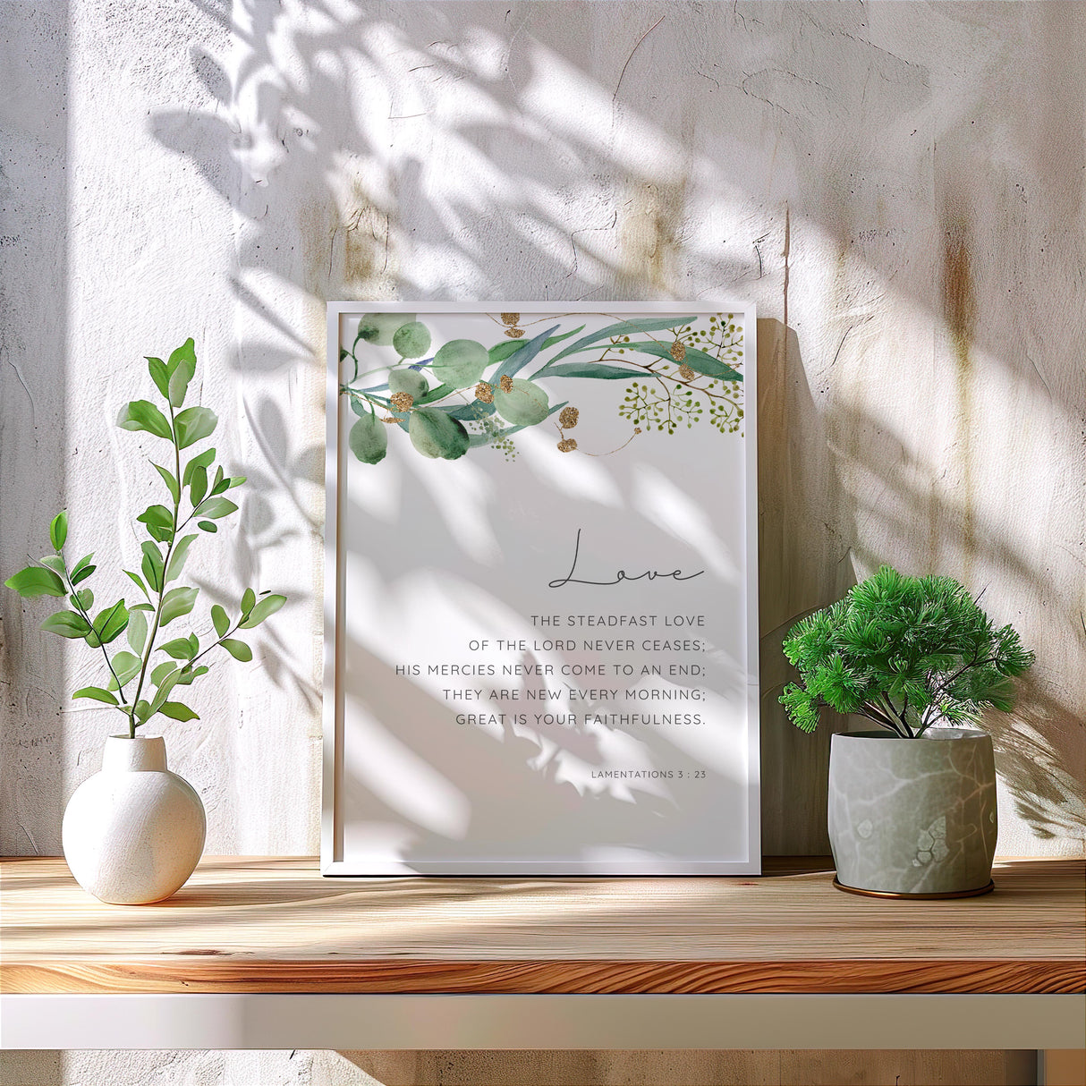 Lamentations 3:23 – Great is your faithfulness Christian wall art print with green leaf design.