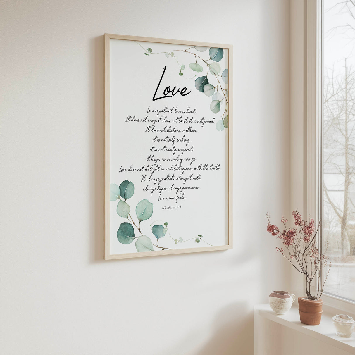 Botanical Bible verse print from 1 Corinthians 13:4–8.