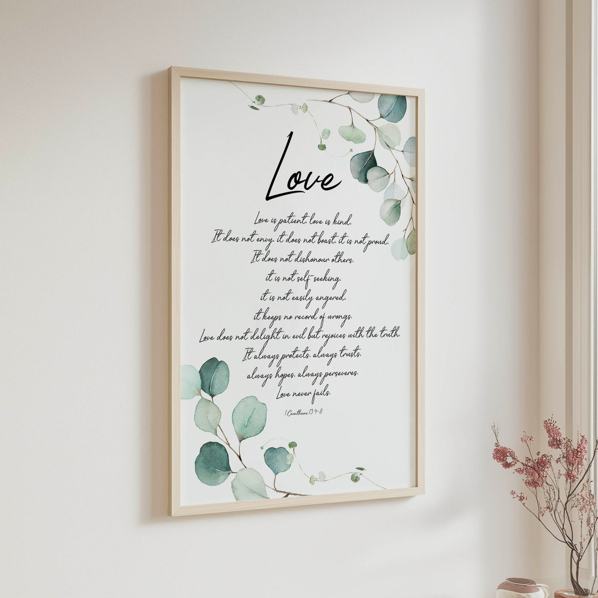 Botanical Bible verse print from 1 Corinthians 13:4–8.