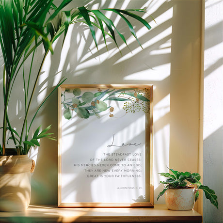 Lamentations 3:23 – Bible verse wall art featuring botanical leaves and scripture.