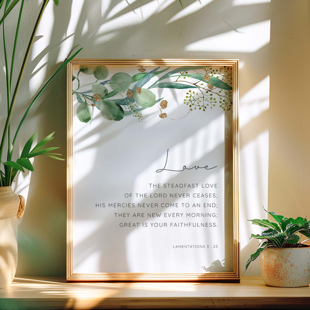 Lamentations 3:23 – Bible verse wall art featuring botanical leaves and scripture.