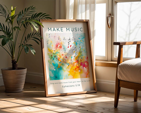 Sing And Make Music Ephesians 5:19 Bible verse wall art with colourful music motif.