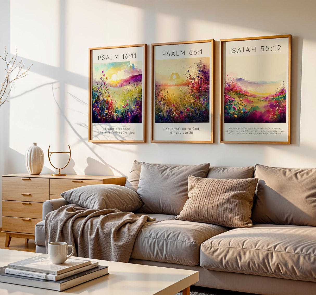 Psalm 16:11, Psalm 66:1, Isaiah 55:12 – Christian wall art 3 print set with flower meadows and joyful Bible verses.