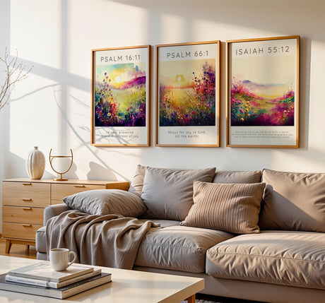 Psalm 16:11, Psalm 66:1, Isaiah 55:12 – Christian wall art 3 print set with flower meadows and joyful Bible verses.