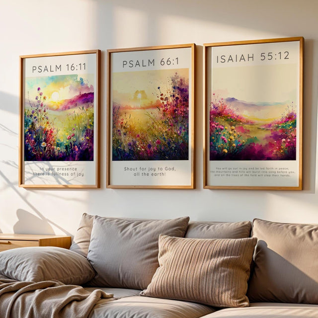 Psalm 16:11, Psalm 66:1, Isaiah 55:12 – Christian wall art 3 print set with flower meadows and joyful Bible verses.