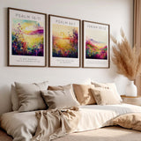 Psalm 16:11, Psalm 66:1, Isaiah 55:12 – Christian wall art print set of three with joyful scripture and floral meadow designs celebrating praise and peace.