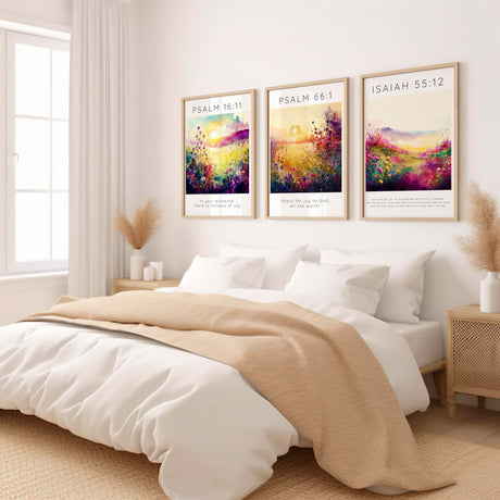 Psalm 16:11, Psalm 66:1, Isaiah 55:12 – Bible verse wall art set featuring floral meadow landscapes and scripture about joy and praise.