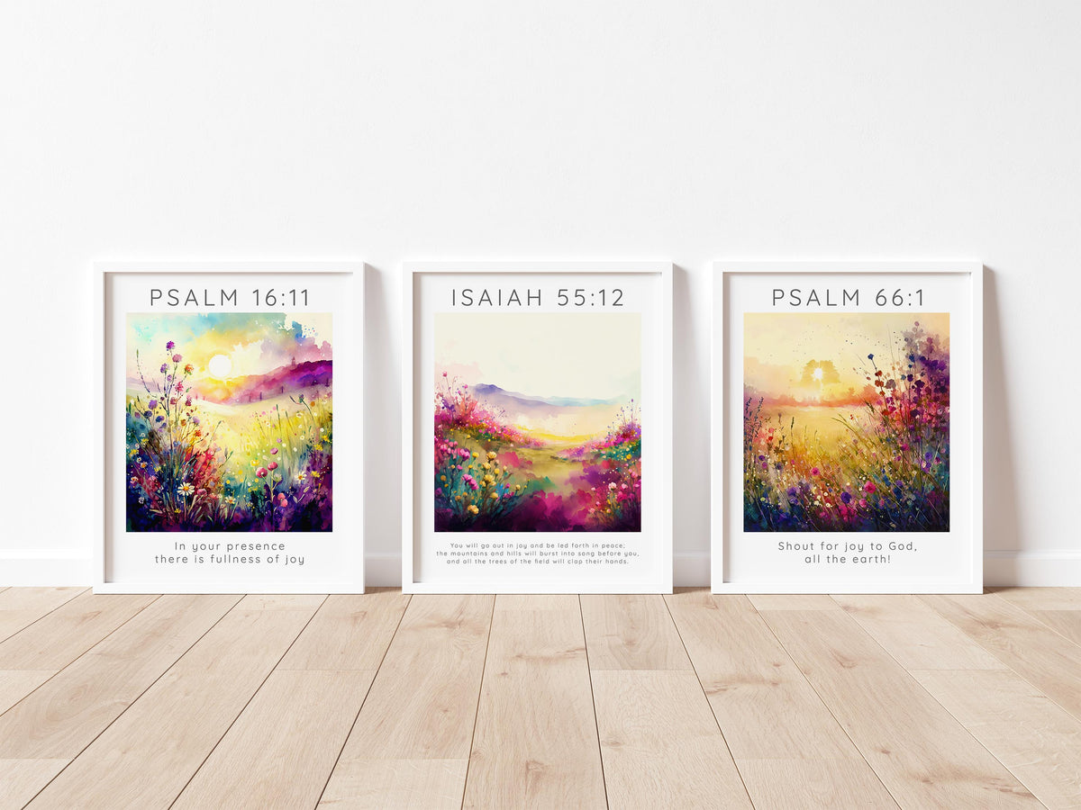 Harmonious nature and faith wall decor, Unique gift idea: Christian verse meadow prints, Biblical peace and joy wall prints