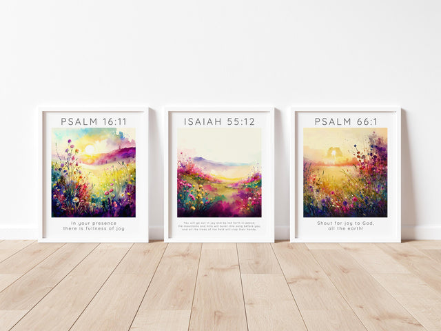 Harmonious nature and faith wall decor, Unique gift idea: Christian verse meadow prints, Biblical peace and joy wall prints