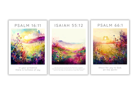 Isaiah 55:12 nature-inspired Bible verse art, Floral meadow wall poster with joyful verses, Elegant designed Psalm 66:1