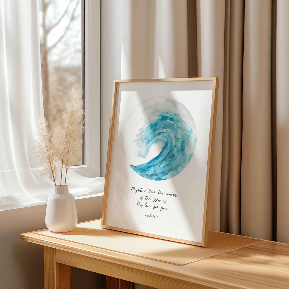 Psalm 93:4 – Mightier than the waves Christian wall art with turquoise ocean wave design and comforting scripture.