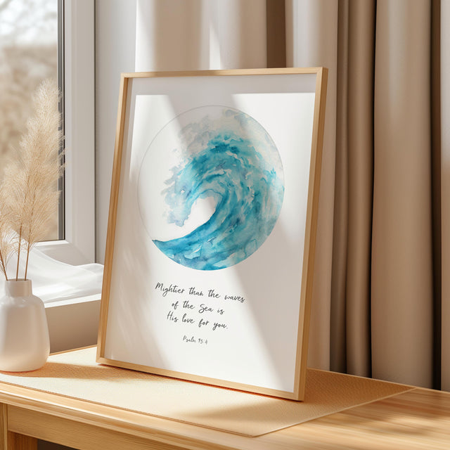 Psalm 93:4 – Mightier than the waves Christian wall art with turquoise ocean wave design and comforting scripture.