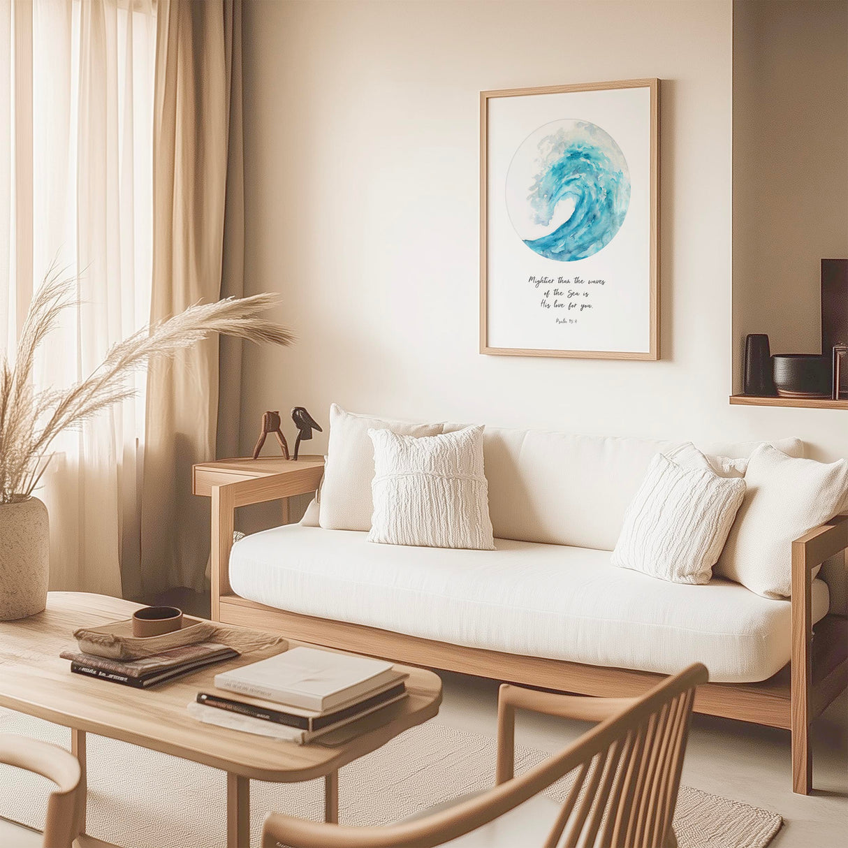 Psalm 93:4 – Christian ocean wall art print with wave illustration and faith inspired scripture about strength and love.
