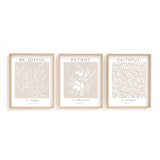 Romans 12:12 – Christian wall art print set of three with neutral beige tones and botanical scripture about hope, patience and prayer.